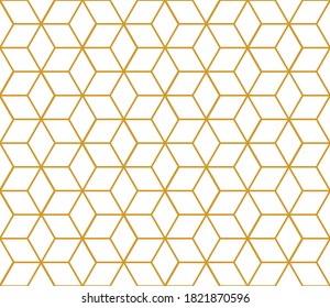 Contemporary tessellated repeating hexagon pattern of gold linear shape outlines on a white background, geometric vector illustration