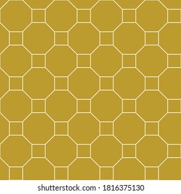 Contemporary tessellated repeating octagon and squares pattern of white linear shape outlines on a gold background, geometric vector illustration