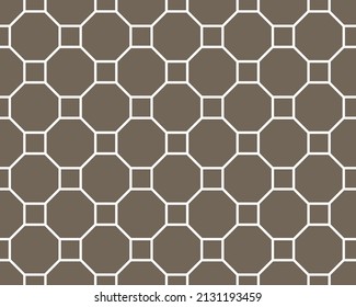 Contemporary Tessellated Repeating Octagon And Squares Regular Grid Pattern Of White Linear Shape Outlines On A Gray Brown Background, Geometric Vector Illustration