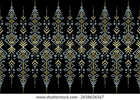 Contemporary Thai textile pattern. Gold and light blue geometric freehand motifs on a black background, showcasing the beauty of Southeast Asian folk art.