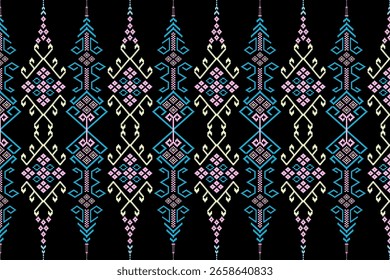 Patrón textil tailandés contemporáneo. Motivos geométricos a mano alzada magenta, azul claro, gris y amarillo pálido sobre un fondo negro, que muestran la belleza del arte popular del sudeste asiático.