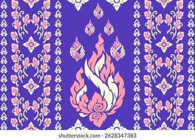 Um padrão de vetor tailandês contemporâneo com elegantes motivos de chama kanok rosa e branco em um fundo roxo vívido. O design tradicional tailandês é inspirado pela arte clássica do templo e elementos florais