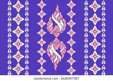 A contemporary Thai vector pattern featuring elegant pink and white kanok flame motifs on a vivid purple background. The traditional Thai design is inspired by classical temple art and floral elements