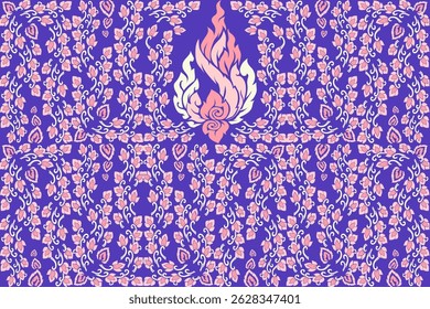 A contemporary Thai vector pattern featuring elegant pink and white kanok flame motifs on a vivid purple background. The traditional Thai design is inspired by classical temple art and floral elements