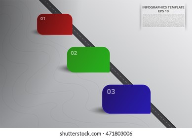 Contemporary three steps timeline infographics with rectangle 3D boxes and road on grey gradient background. Infographic with 3 square boxes representing workflow, process, possibilities.