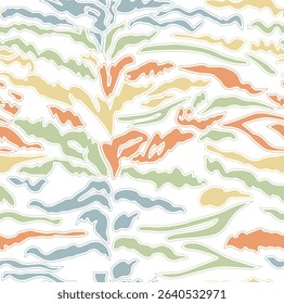 Contemporary tiger skin pattern reimagined with abstract shapes in soft pastel tones like coral, sage, blue, and butter yellow. A seamless vector design ideal for kids wear, fashion, home textiles