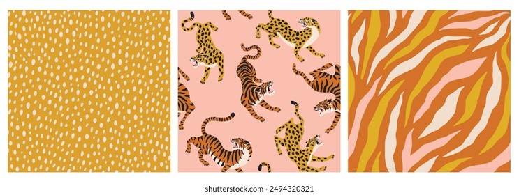 Contemporary tigers, leopards and polka dot shapes seamless pattern set. Mid Century Modern Art design for paper, cover, fabric, interior decor and other users.