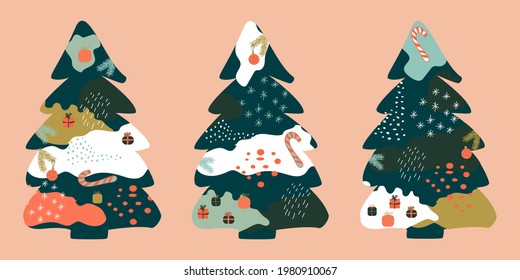 Contemporary trendy Christmas tree. Set of Vector abstract spruces with spots, gifts, candy, fir branches and snowflakes, curve and lines. Ideal for Merry Christmas and Happy New Year cards, poster