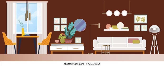 Contemporary trendy dining and living room. Concept design. Modern sofa and Floor lamp. Beautiful flat illustration with trendy dining and living room  on dark wall background. Scandinavian design.