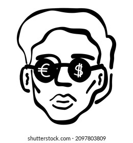 Contemporary trendy young man in sunglasses with currency lenses, dollar and euro, teenager artistic line art portrait, stylish line art guy's face. Financial wealth, savings, investment concept.