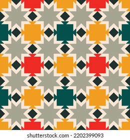 Contemporary Tribal Pattern In Primary Colors Red Yellow And Blue. Vector Seamless Pattern Design For Textile, Fashion, Paper, Packaging, Wrapping And Branding