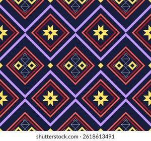 Contemporary tribal-inspired geometric pattern with bold colors including navy, red, violet, and yellow. Perfect for fashion design, digital textiles, and ethnic fabric prints.