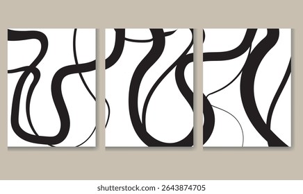  A contemporary triptych featuring abstract black line art on a beige background. The design incorporates swirling lines and circular motifs, creating a visually engaging and modern piece of art.