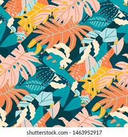 Contemporary tropical exotic seamless pattern in vector. Modern floral illustration with hawaiian motive.