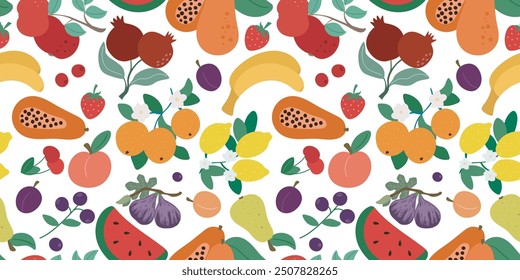 Contemporary tropical fruit seamless pattern. Eco natural food background. Healthy eating, colorful fruit print, vector graphic