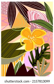 Contemporary tropical,botanical,pattern vector illustration background. Modern trendy floral, flowers, leaves, with Hawaiian motive.