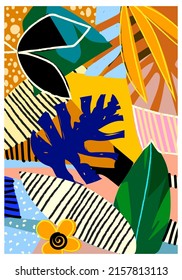 Fondo tropical contemporáneo, botánico, patrón de ilustración vectorial. Floral moderna, floral, floral, hojas, con motivo hawaiano.