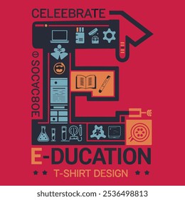 Un diseño de camiseta contemporáneo celebra la educación, con una "E" audaz integrada con iconos de aprendizaje en línea como computadoras portátiles y libros, en colores vibrantes, inspirando curiosidad para todos los estudiantes.