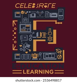 A contemporary T-shirt design celebrates education, featuring a bold "E" integrated with online learning icons like laptops and books, in vibrant colors, inspiring curiosity for all learners.