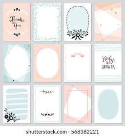 Contemporary universal cards templates. Geometric, oval, rectangular, dots and decorative frames and borders. Design for invitations, posters, placards, brochures and flyers.