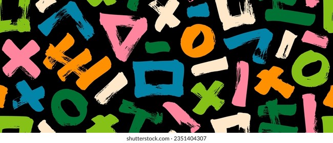 Contemporary vector abstract background with geometric shapes in Japanese or Chinese calligraphy style. Colorful seamless pattern with bold brush strokes and various geometric shapes. Grunge texture.
