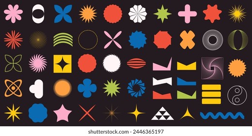 Contemporary vector abstract shapes for design. Trending elements. Set of objects in retro colors. Collection for banners, logos, notes. Some elements have editable stroke for comfortable editing.