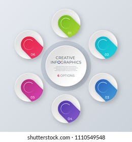 Contemporary vector circle chart template, infographic design, visualization concept with 6 options, steps, parts. Global swatches.