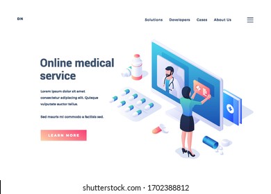 Contemporary vector design of modern service with online medical consultation on website with female patient checking information on white background