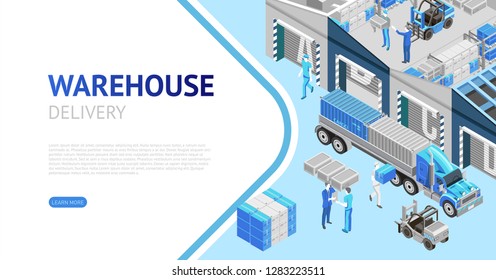 Contemporary vector design of webpage with modern warehouse delivery system presentation