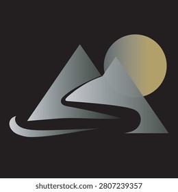 Contemporary vector emblem of a sun and geometric peak for travel and adventure branding.