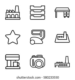 contemporary vector icons. Set of 9 contemporary outline icons such as vacuum cleaner, office desk, star, table box, factory, coffee machine