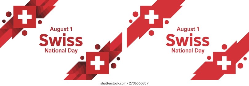 A contemporary vector illustration celebrating the Swiss National Day on August 1st. This graphic features the iconic red and white Swiss flag cross within a dynamic, abstract composition of overlapping geometric shapes and scattered circular elements, rendered in striking shades of red and crimson. It is perfect for commercial use in promotions, event invitations, corporate communications, digital media, or web banners marking this important national holiday and foundation of the Swiss Confederation. High-quality vector art suitable for print and online marketing campaigns worldwide, appealing to high-budget buyers looking for specific national event content.