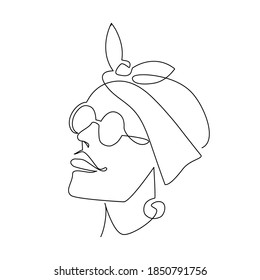 Contemporary vector isolated continuous line face of fashionable girl with glasses and headscarf. Contour drawing on a white background.