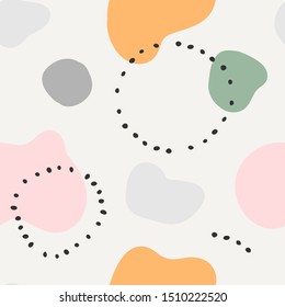 Contemporary vector modern ethnic abstract art background. Colorful circles and stamp spots with dots abstraction, trendy flat hand drawn illustration, seamless repeat pattern decoration.