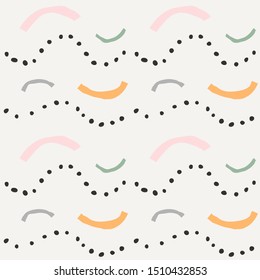 Contemporary vector modern sea abstract art background. Colorful stroke wave lines with dots abstraction, trendy flat hand drawn illustration, seamless repeat pattern 