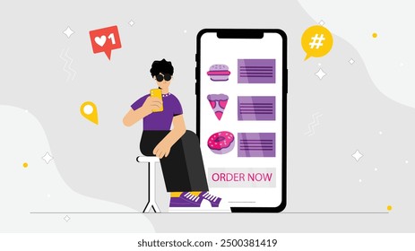 Contemporary vector of a person using a smartphone to browse food items, with a prominent 'Order Now' button, illustrating online food ordering and mobile e-commerce.