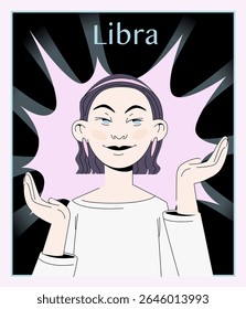 Contemporary vector portrait of Libra zodiac sign as a harmonious and fashion-forward woman with symmetrical features. Ideal for zodiac, fashion, or mystical projects.