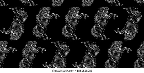 Contemporary vector seamless background with a horse that stands on its feet. Engraving pattern on black background.