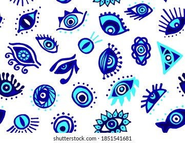 Contemporary vector seamless pattern isolated doodle magic eye amulet. Color drawing of an insidious mascot on a white background.
