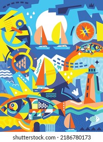 contemporary vector style beach and boat poster