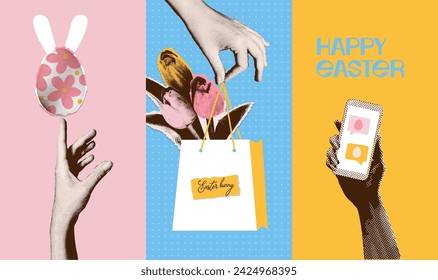 Contemporary vertical banners or posters set of hands holding eggs, phone with congratulatory message and tulips bunch. Minimal halftone vector collage illustration.