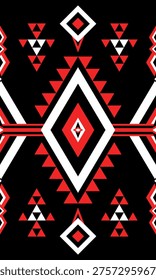 Contemporary vertical seamless pattern in native, ethnic, and boho styles, in red and black with white stripes, vector illustration, eps file.
