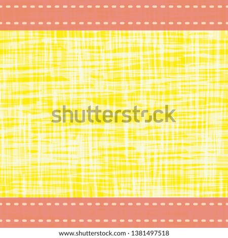 Contemporary vibrant border in with stitch lines and transparent water color effect. Vector seamless pattern on yellow background. Perfect for packaging, labels, borders, invitations, text background