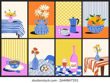 Contemporary vintage posters. Abstract retro minimalist cards with hand drawn flowers in vases, fruits, wine, coffee cup, modern aesthetic simple art prints. Vector modern set.