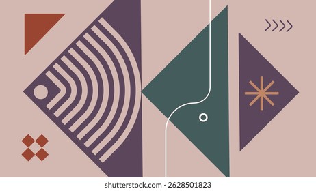 Contemporary visual with curved geometry, semicircles, dots, and bold line accents in terracotta and sage tones. Minimal and earthy composition.
