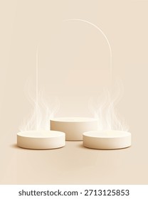 Imagen contemporánea con tres podios cilíndricos de color beige cremoso liso contra una pared de estudio de melocotón pálido, mostrando nuevos productos cosméticos o de belleza en una tendencia de moda minimalista y de lujo