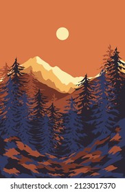 Contemporary wall decor with terracotta mountains, trees and woods. Vector scenery of sunrise above wild timberland. Natural botanic minimalist poster in trendy flat style.
