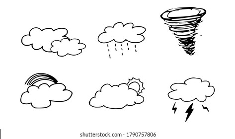 Contemporary Weather Outline: Elevate your designs with this sleek black outline set. Featuring clouds and thunderstorm elements, the minimalist illustrations add a touch of modern sophistication