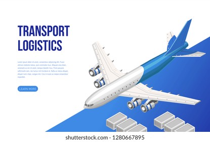 Contemporary web design in isometry of page presenting information about transport logistics with plane 