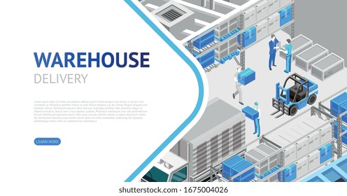 Contemporary webpage design in isometry showing information about warehouse delivery